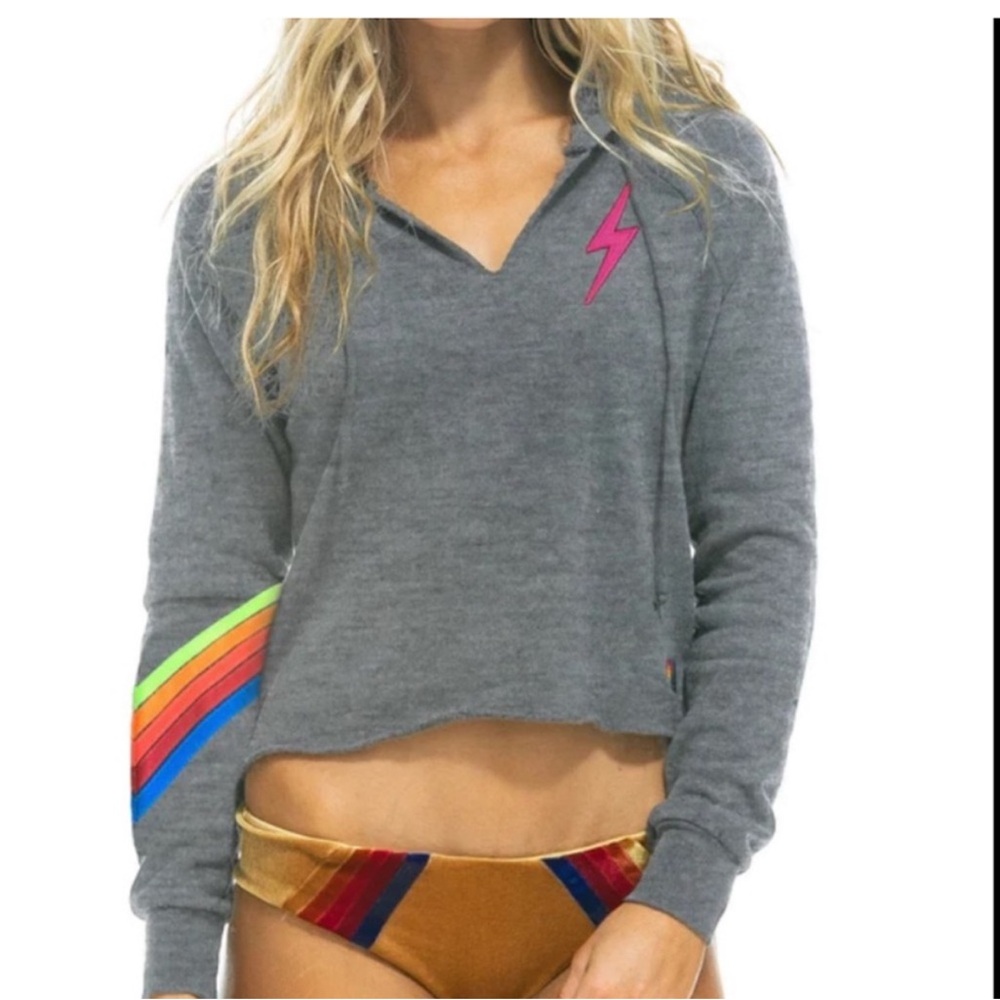 Aviator Nation Gray Hoodie with Rainbow and Pink Lightning